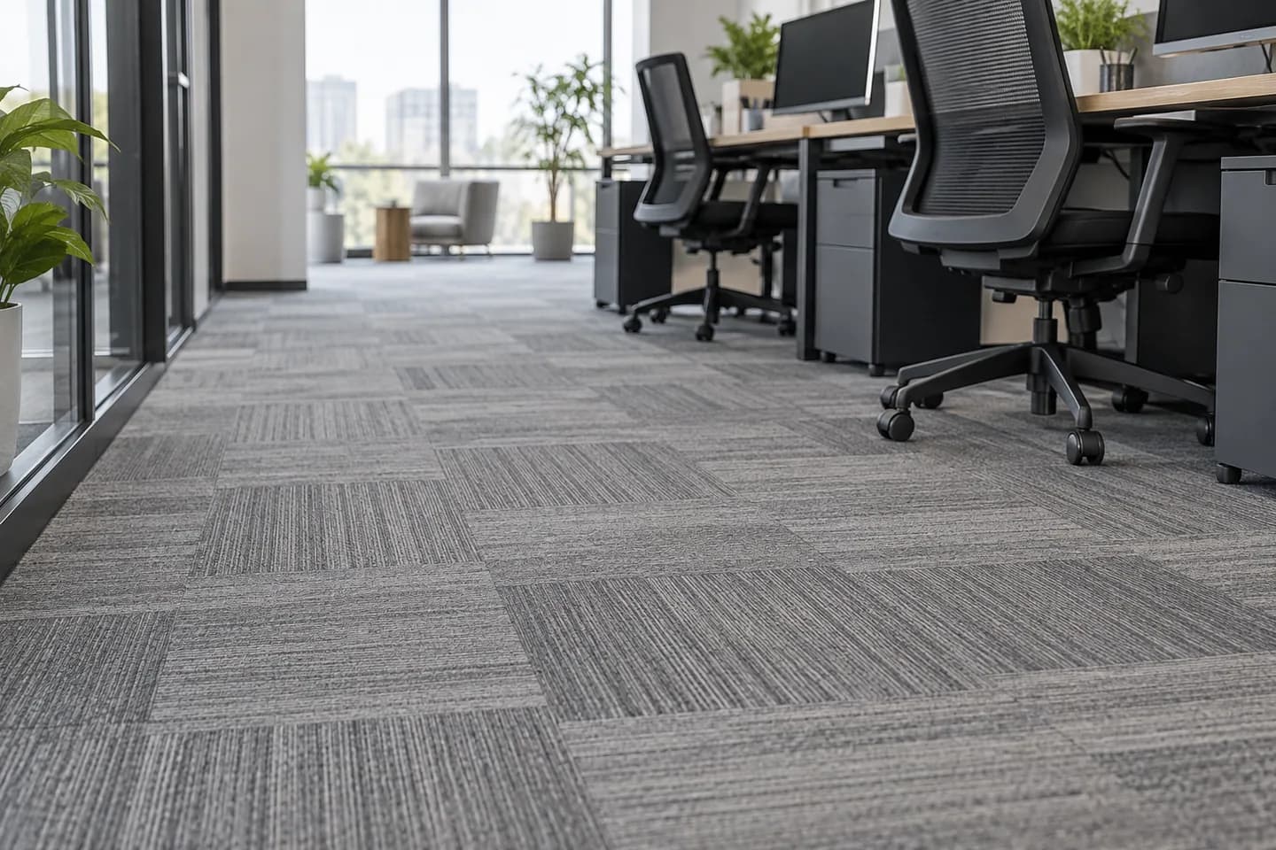 Carpeted office walkway alongside desk and chair positions