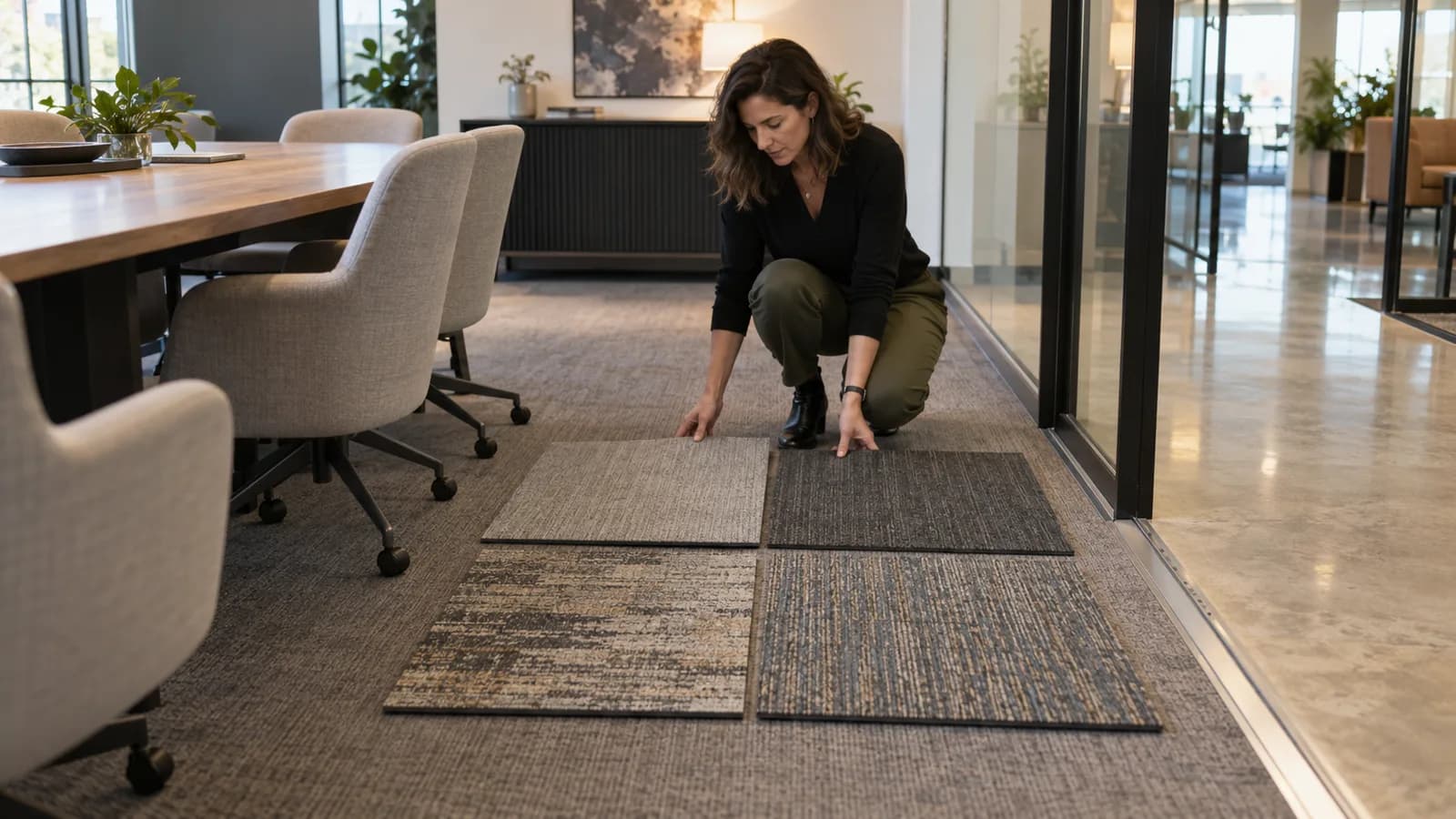 Carpet tile samples showing different colour and texture