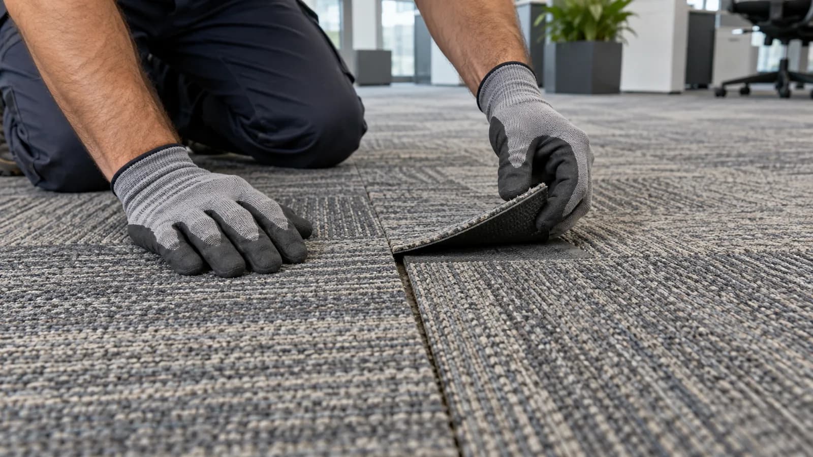 Technician lifting one loose carpet tile corner for a controlled inspection