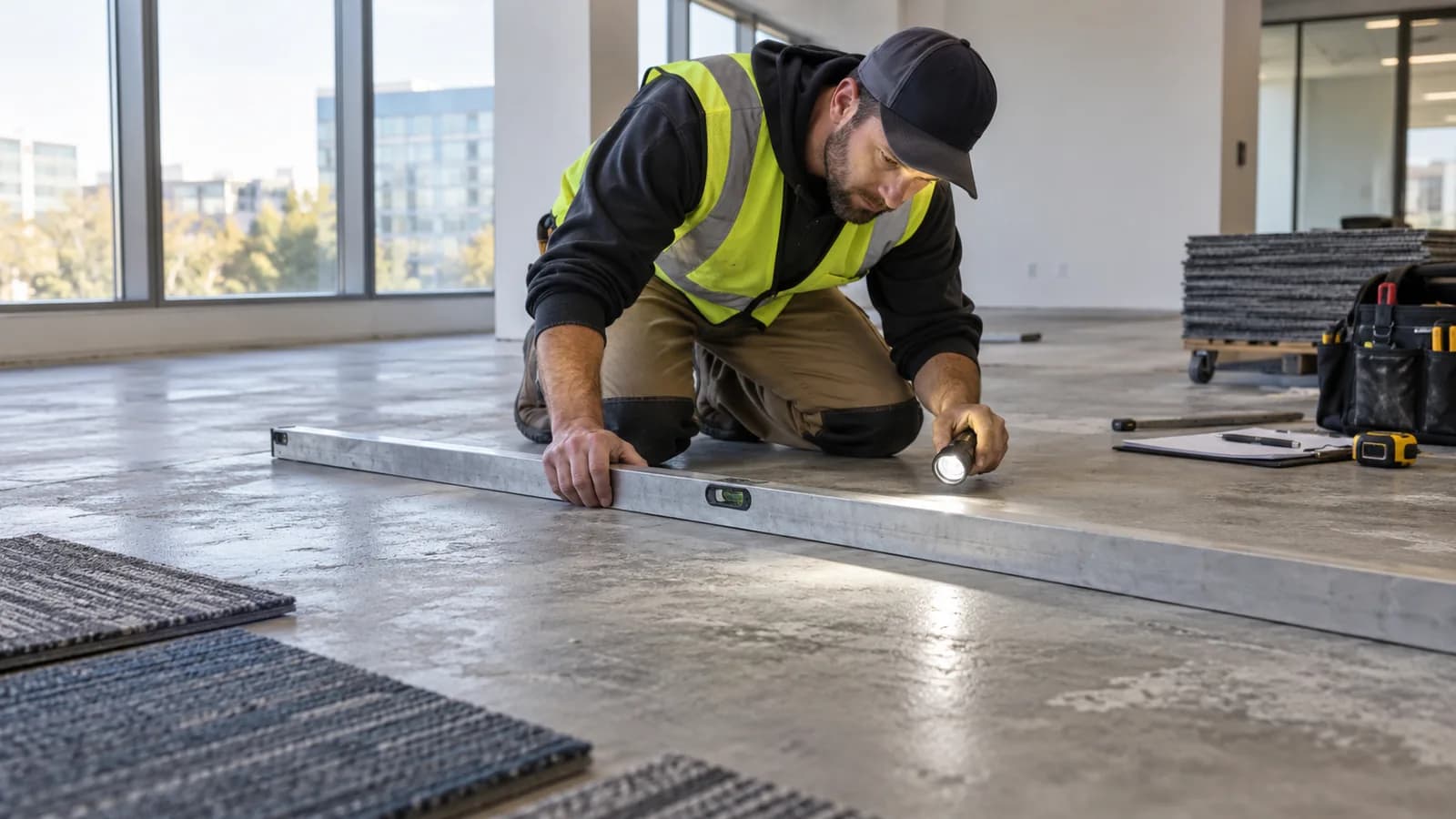Installer checking concrete subfloor flatness with a straightedge