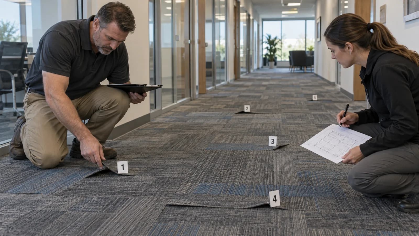 Two flooring professionals marking carpet tile symptoms along an office corridor