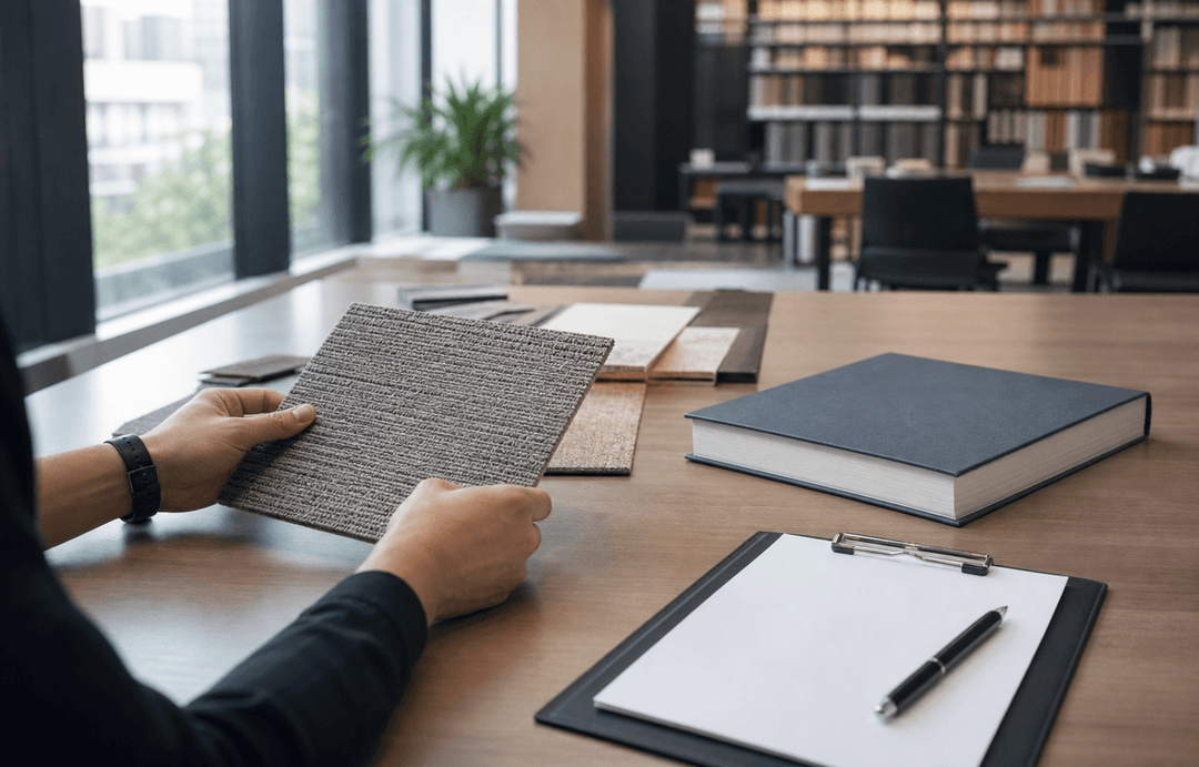 AI-generated conceptual editorial scene of a professional reviewing carpet emission evidence.