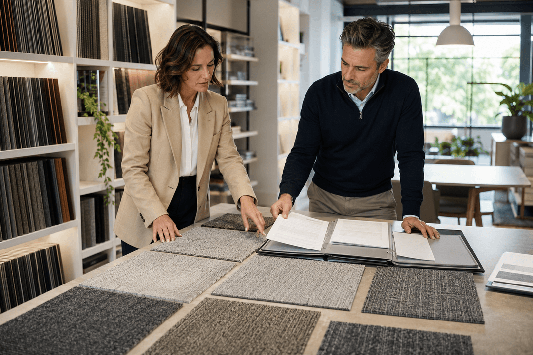Dos profesionales comparan muestras sin marca y carpetas técnicas