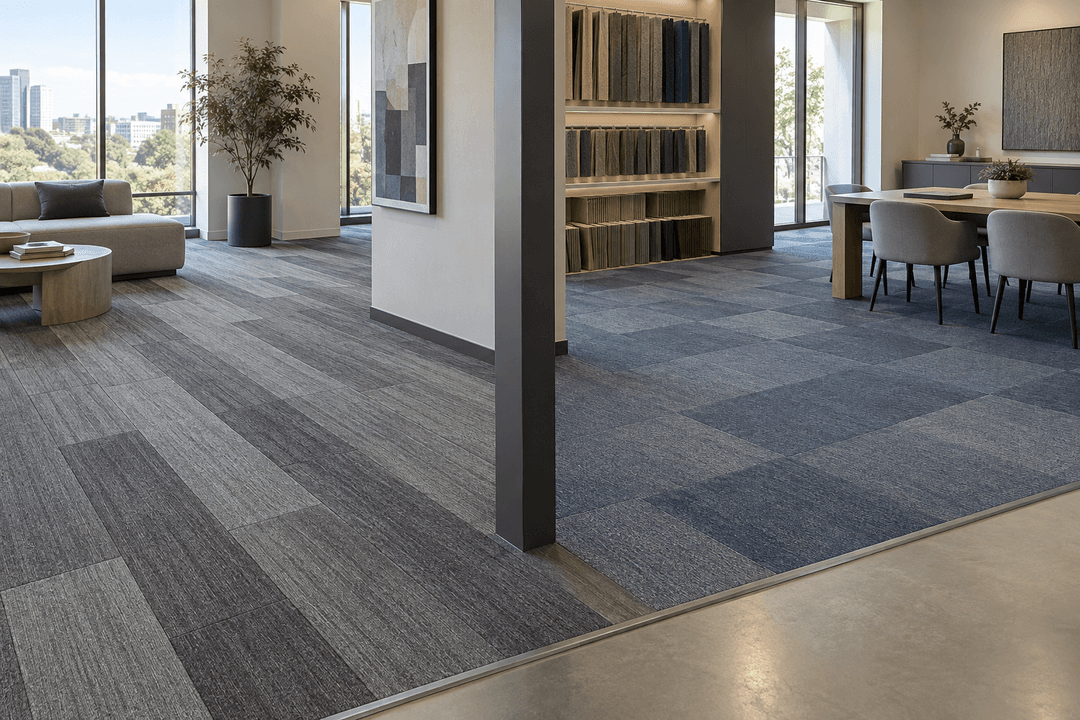 Office showroom comparing plank carpet tiles with square carpet tiles