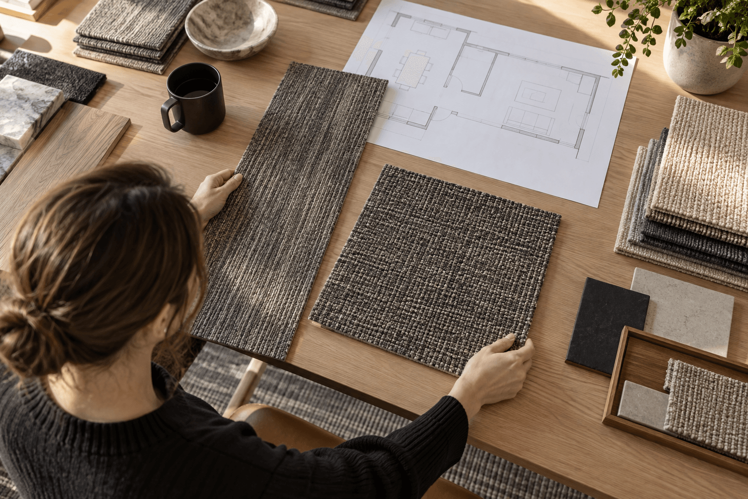 Designer comparing plank and square carpet tile samples on a floor plan