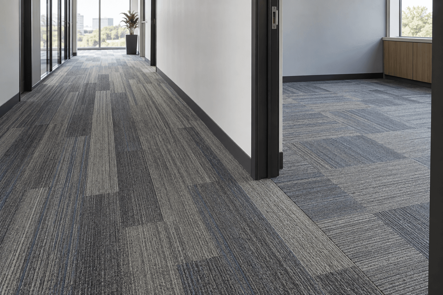 Plank and square carpet tile layouts meeting at an office doorway