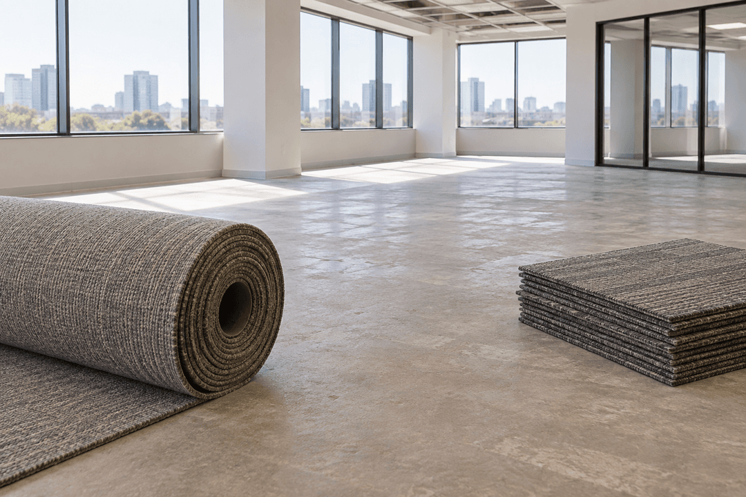 Broadloom roll and carpet tile modules prepared for an office flooring comparison