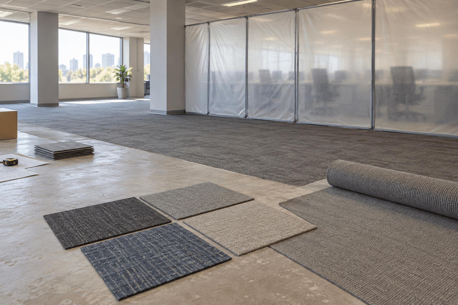 Office renovation planning scene with carpet tile samples and broadloom