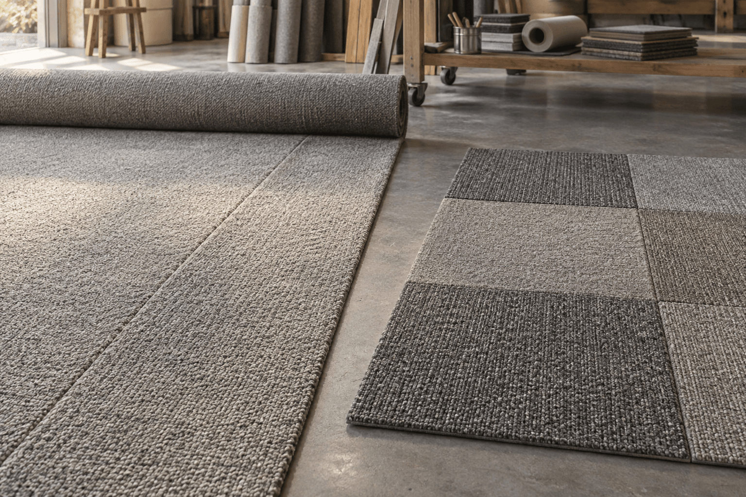Broadloom seam sample and carpet tile joints compared in a flooring workshop