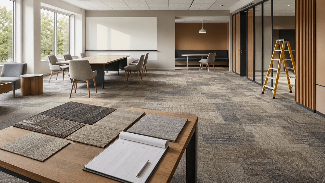 Office renovation setting with modular carpet tile, physical samples and a blank comparison record