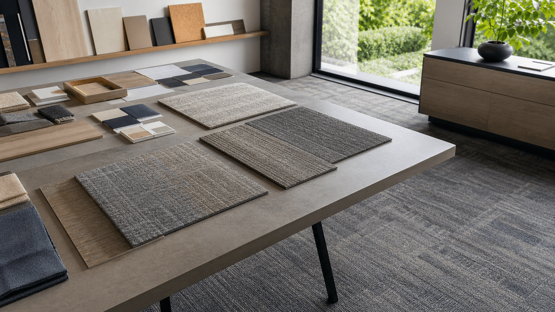 Carpet tile and adjacent-finish samples arranged in a daylight design studio