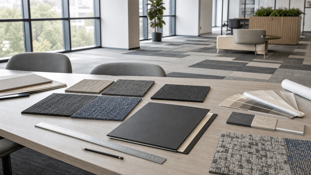 Carpet tile samples and an unlabeled submittal folder on a table in a commercial interior