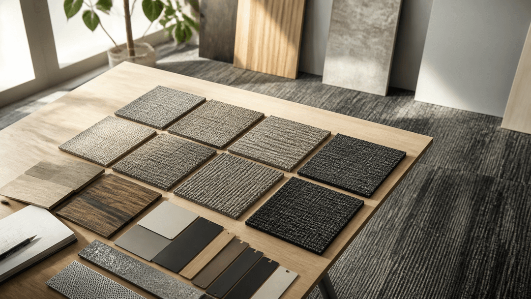 Carpet tile colourway samples beside adjacent finish materials in a daylight design studio