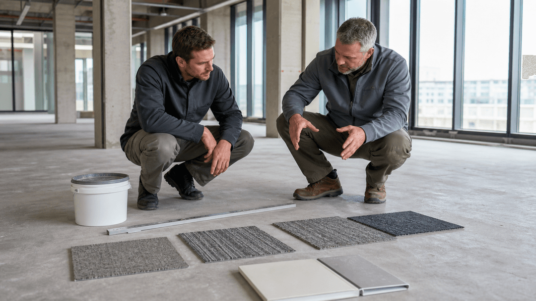 Flooring professionals reviewing carpet tile samples, a plain adhesive pail and concrete subfloor before installation