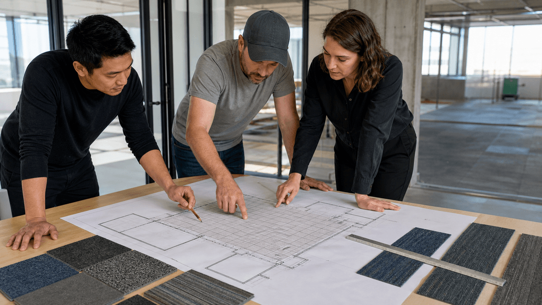Architect, installer and specifier reviewing a carpet tile layout drawing with loose samples