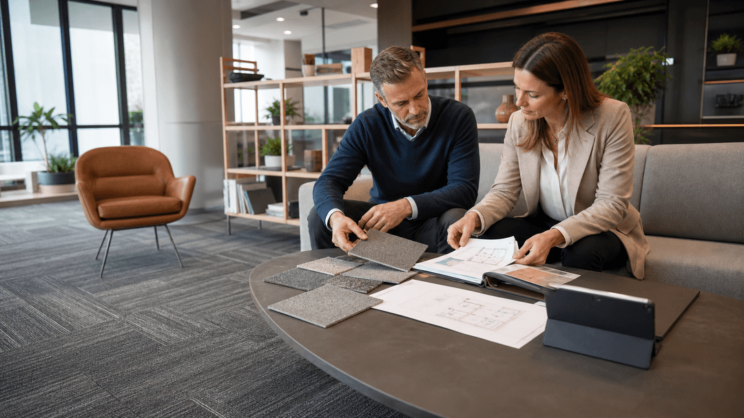 Facilities and procurement professionals organizing carpet tile samples, zone records and handover documents in an office lounge