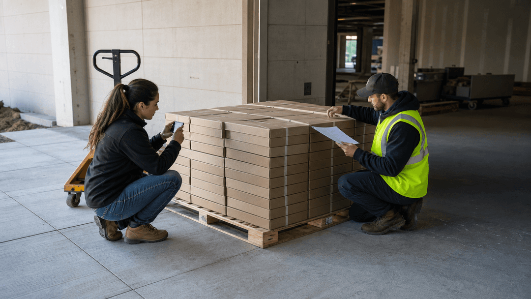Contractor and procurement receiver inspecting sealed unbranded carpet tile cartons at a commercial receiving area