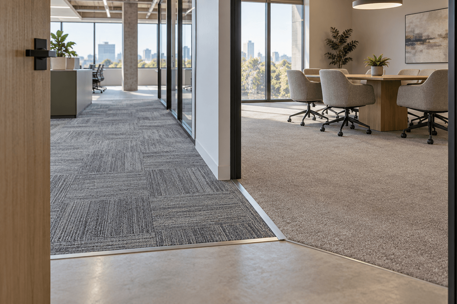 Conceptual office threshold between modular tile zone and broadloom meeting room