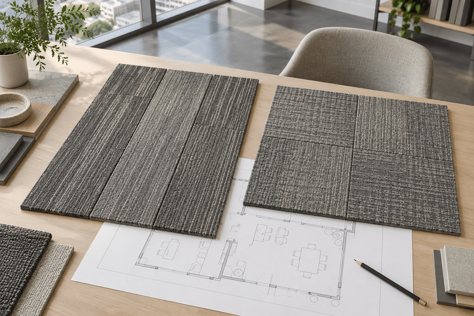 Unbranded plank and square carpet samples compared over the same office floor plan