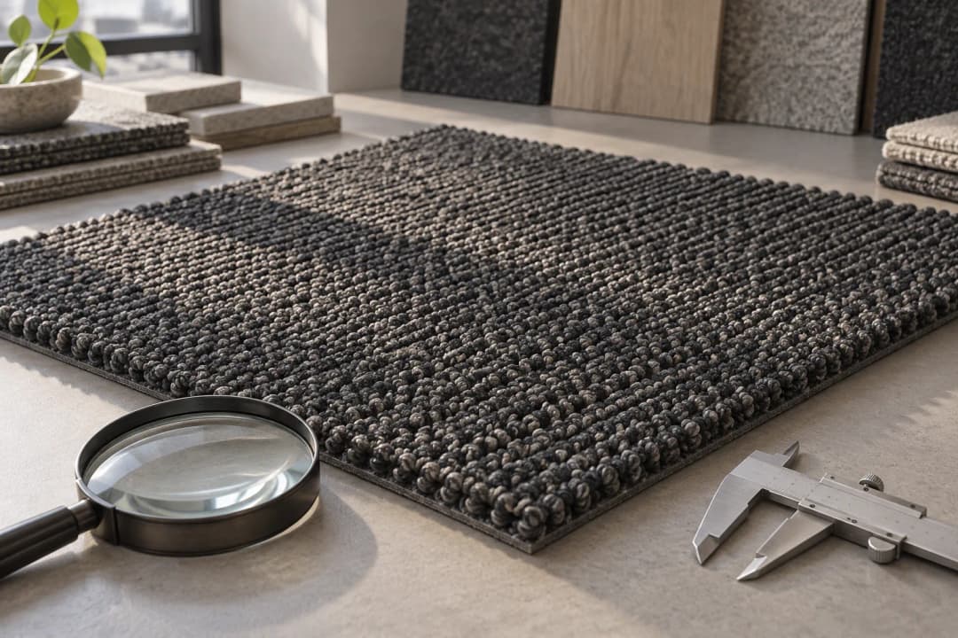 Close view of loop-pile carpet texture beside a magnifier and calipers