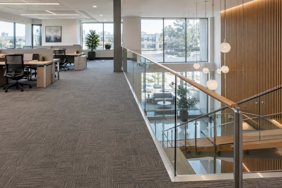 Upper-level carpeted office beside an atrium overlooking another level