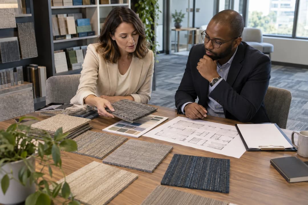 Procurement team reviewing unbranded carpet tile samples and a floor plan