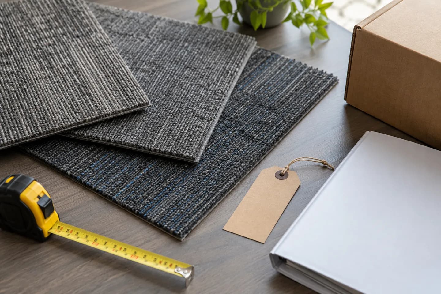 Project manager matching carpet tile samples with a zone plan in a commercial office