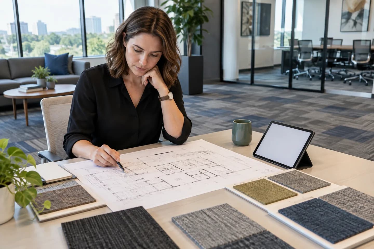 Top-down review of modular carpet tile samples, a measuring tool and a project plan