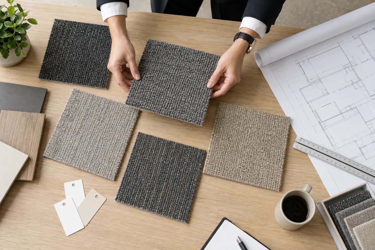 Procurement team reviewing unbranded carpet tile samples and a floor plan