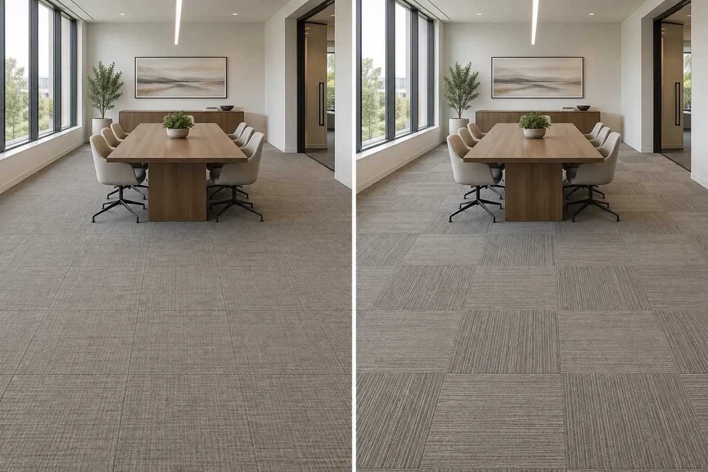 Same meeting room shown with aligned and quarter-turn square carpet tile layouts
