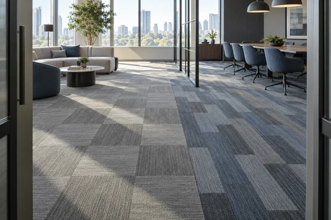 Contemporary office showing aligned square carpet tiles and a staggered carpet plank zone under strong daylight