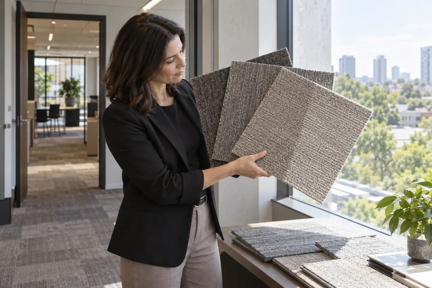Designer rotating full-size carpet tiles beside an office window