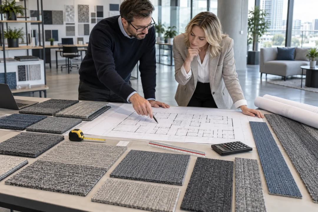 Procurement manager and architect comparing square carpet tiles, carpet planks and a measured office floor plan