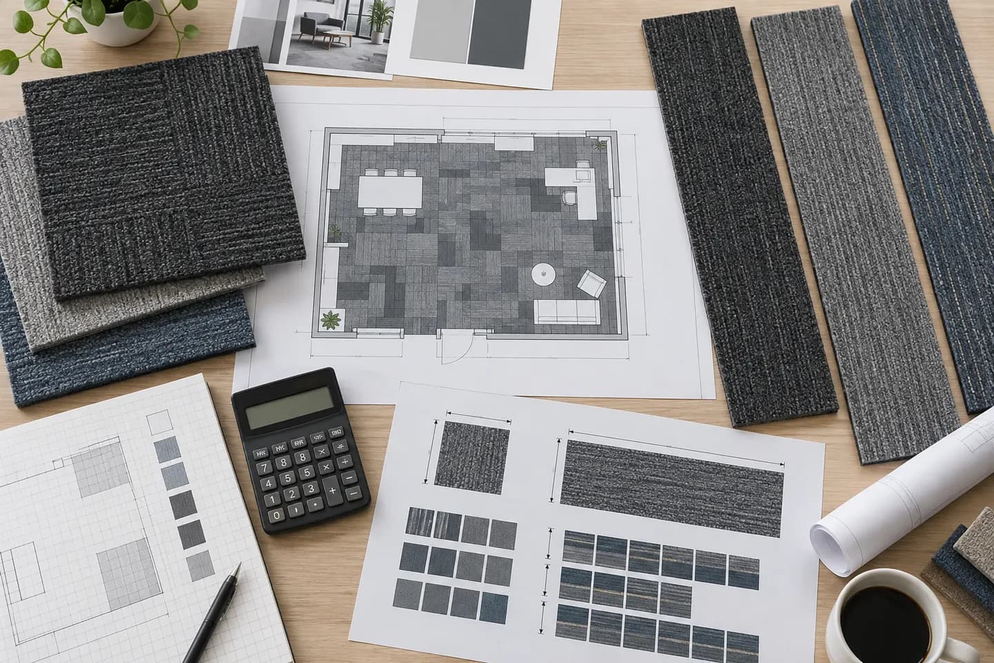 Square carpet tiles and long carpet planks arranged around a measured office floor plan