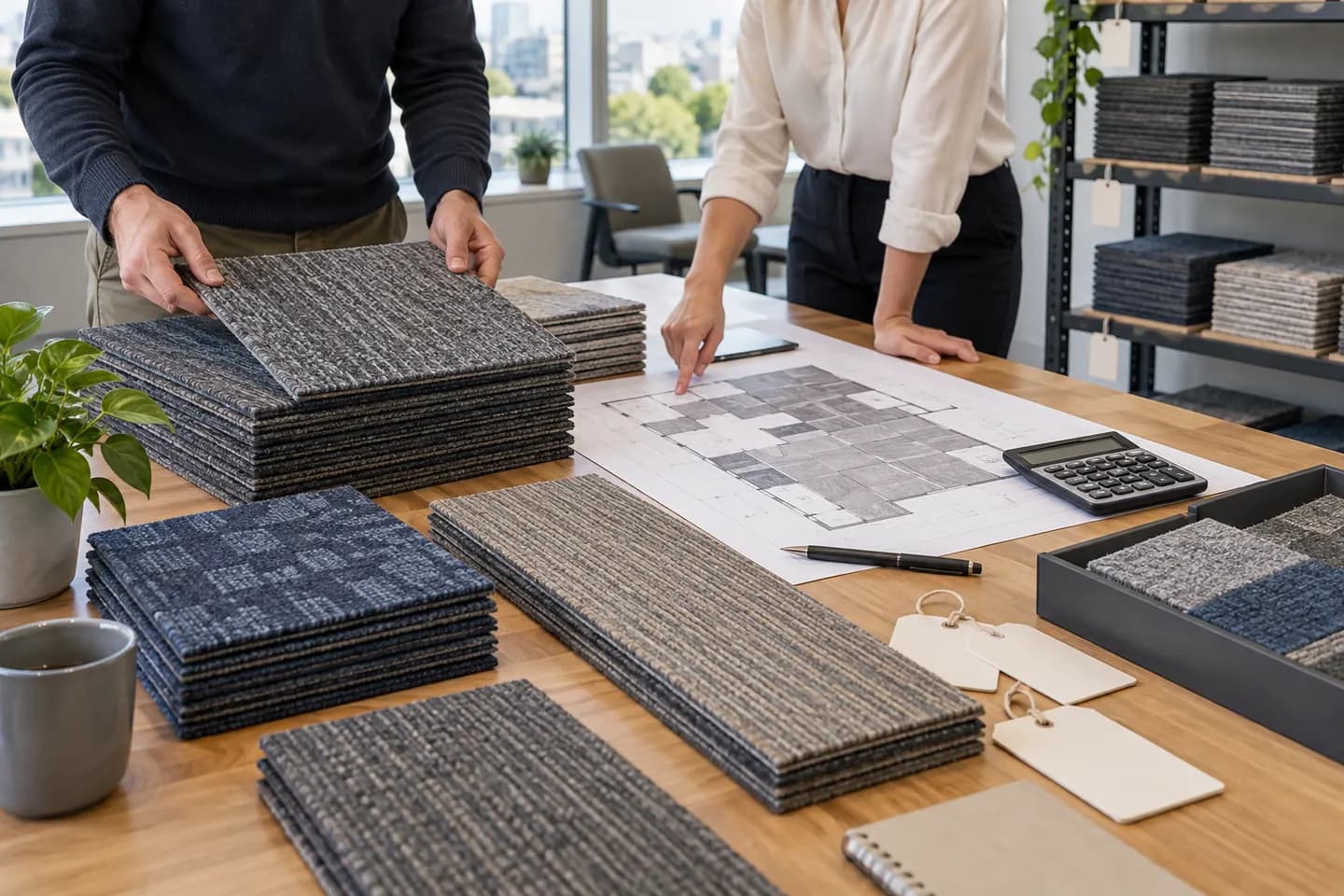 Stacks of carpet tiles and planks prepared for quantity and spare-stock planning