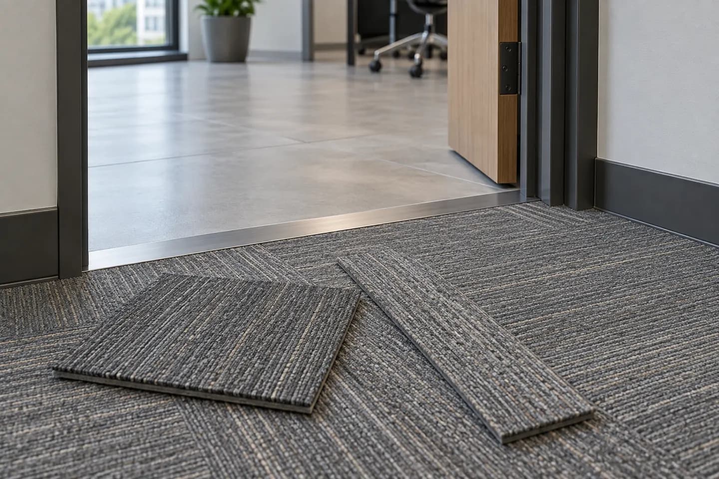 Commercial carpet tile modules beside a doorway and transition strip