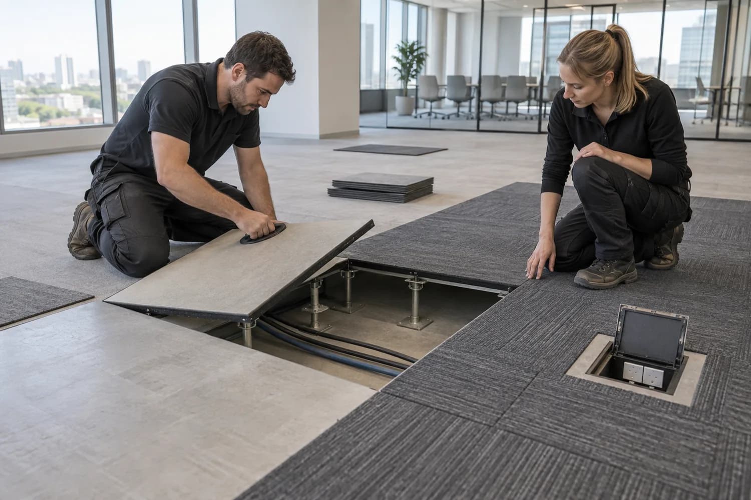 Raised access floor panel coordinated with modular carpet and a floor box