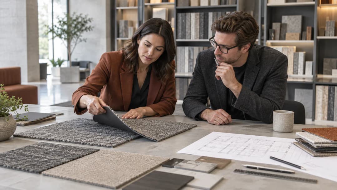 Commercial flooring team reviewing carpet tile backing samples and a project plan