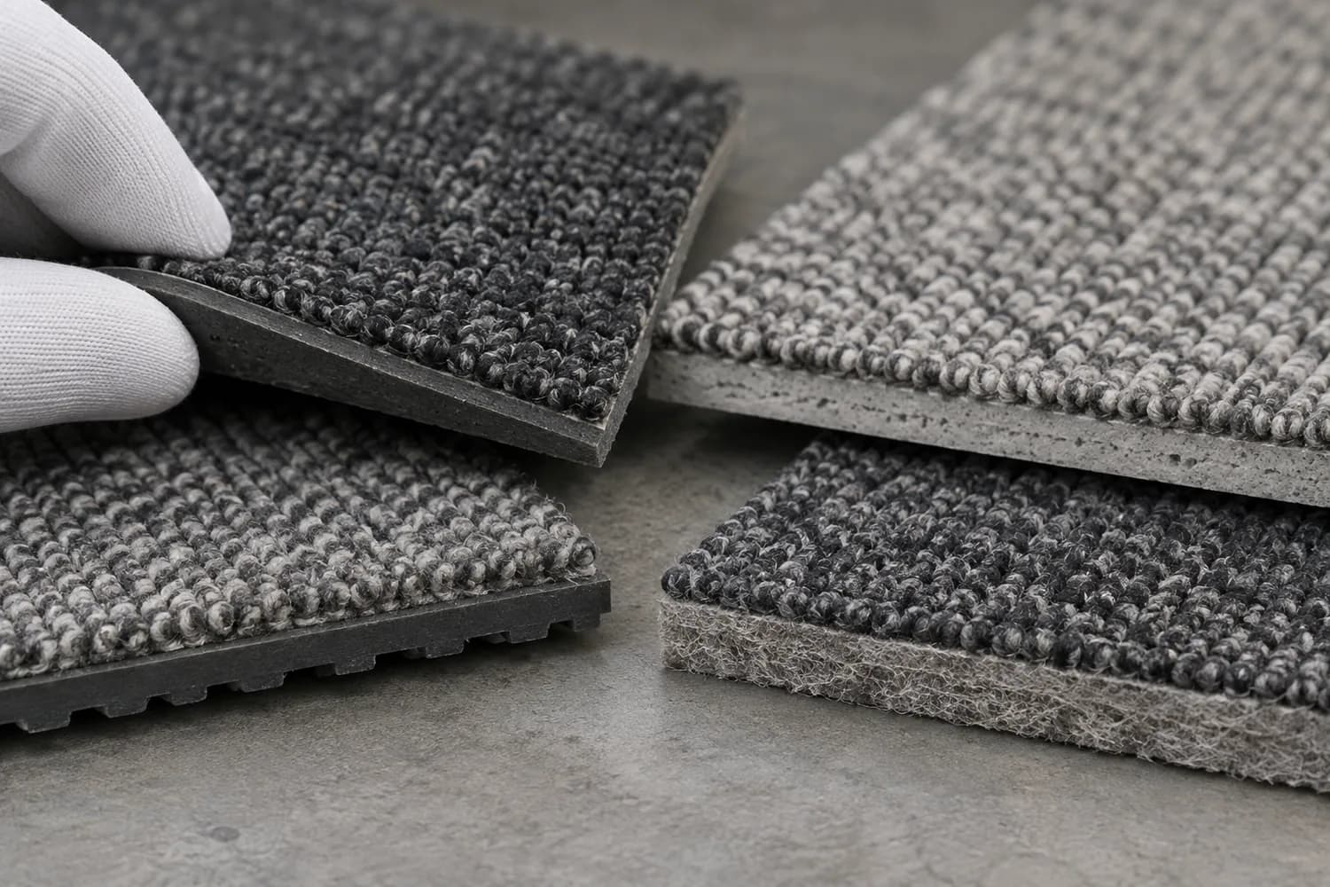 Close view of generic carpet tile edges with different backing profiles