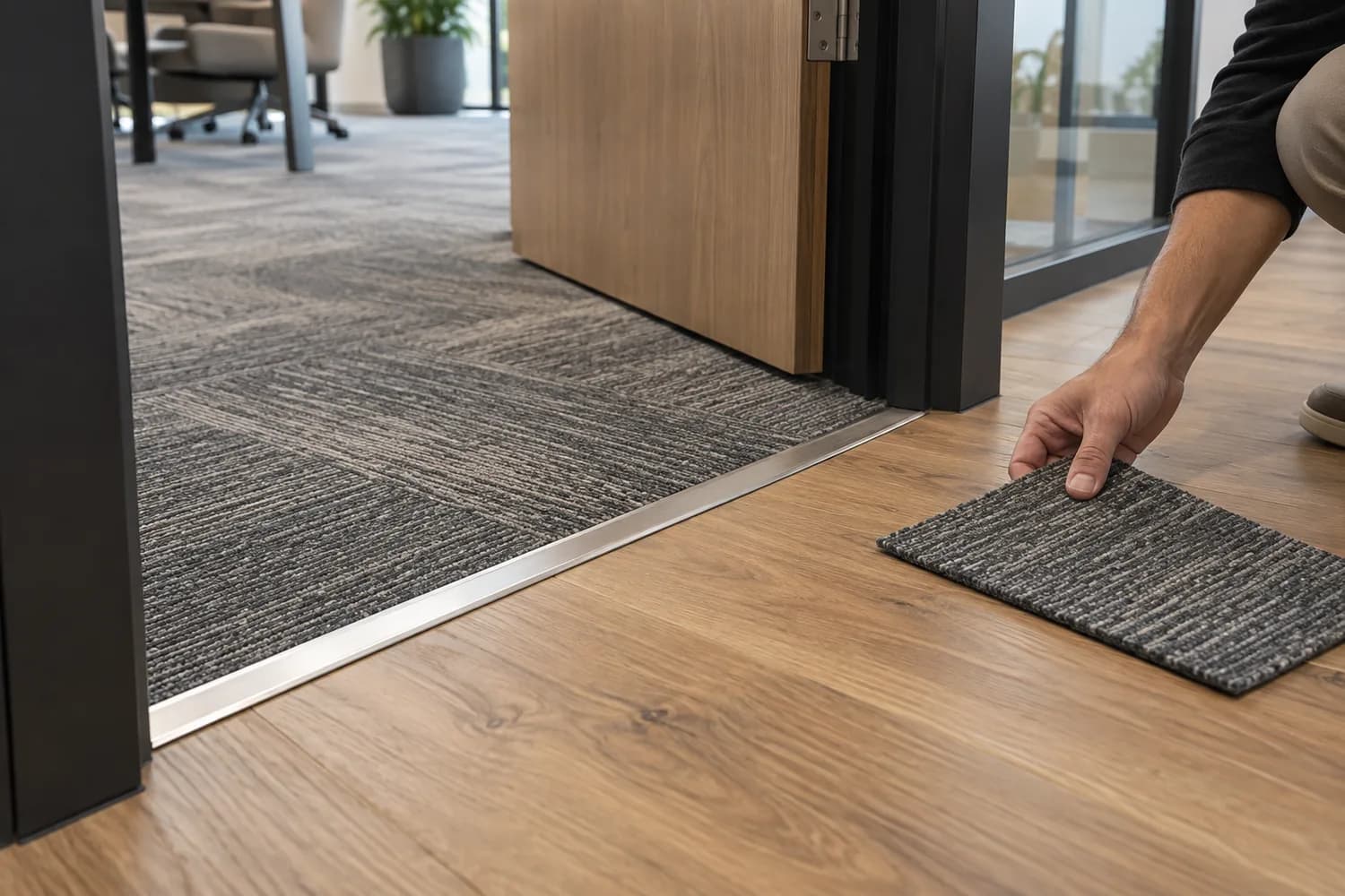 Commercial carpet tile meeting hard flooring at a doorway transition