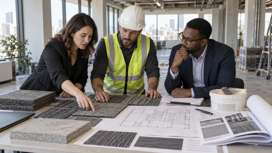 Architect, procurement manager and installer reviewing a carpet tile installation system