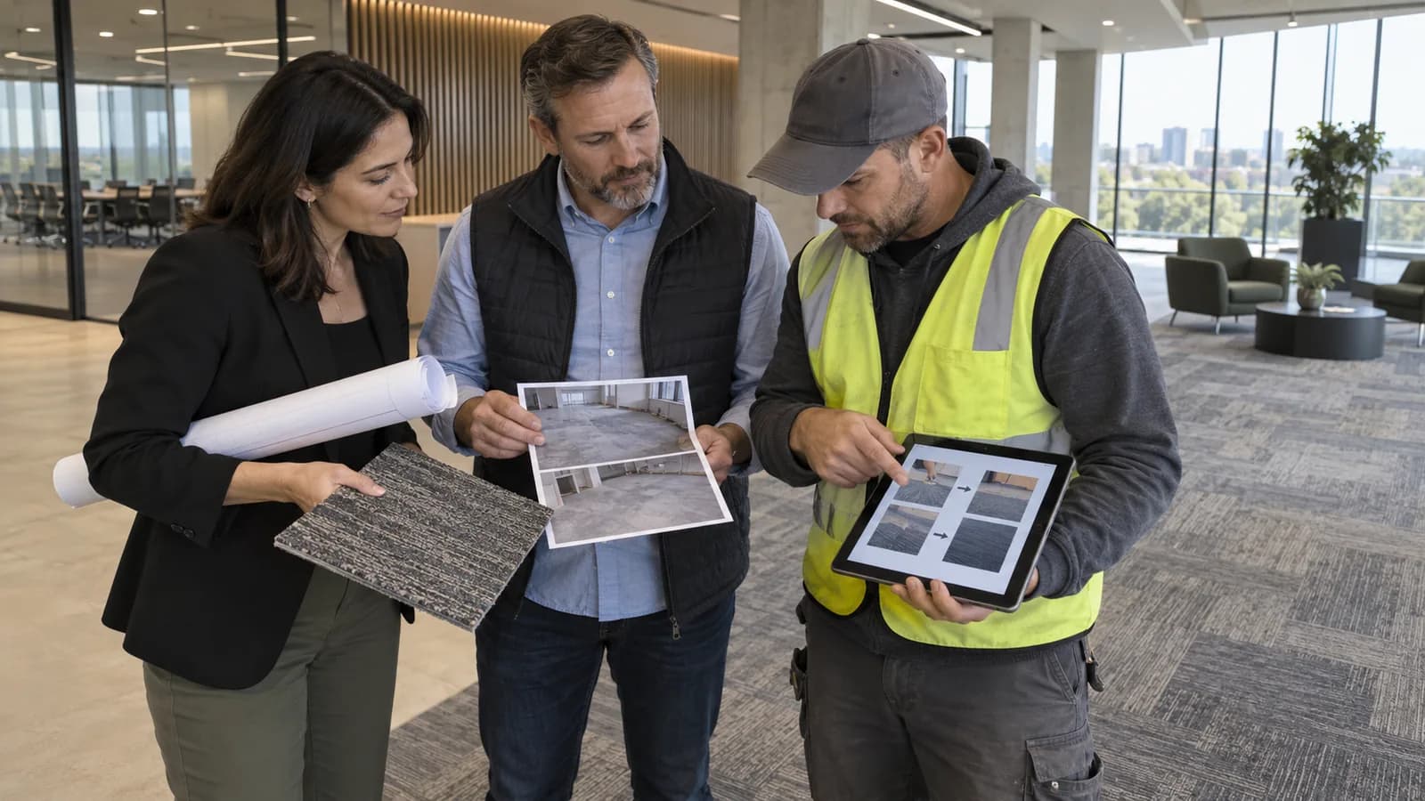 Designer, buyer and installer reviewing a flooring handoff on site