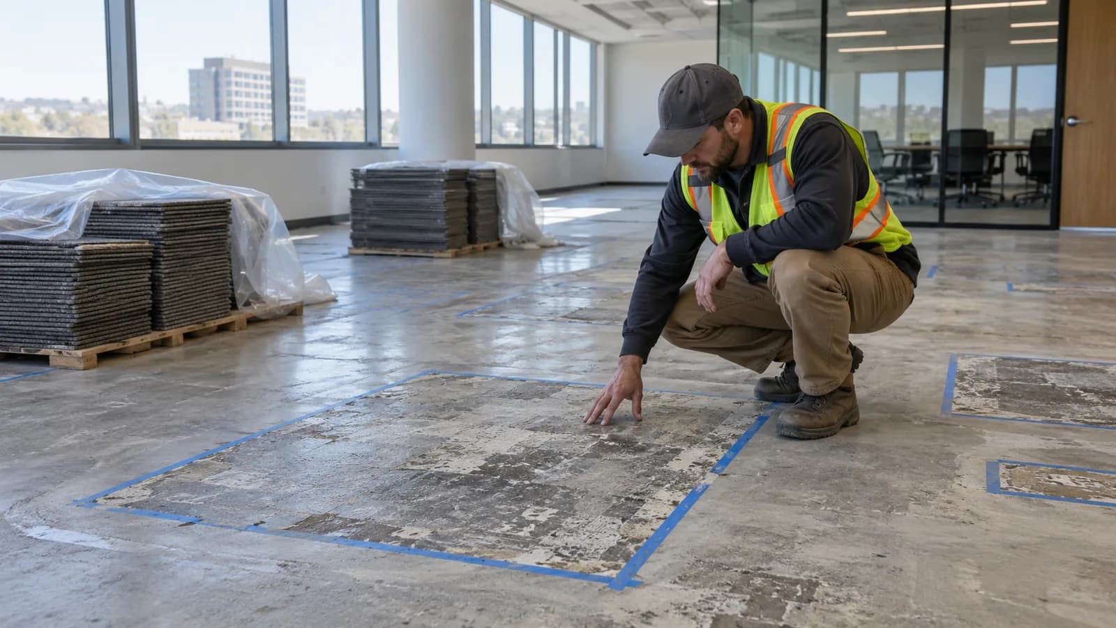 Technician mapping old adhesive residue on a concrete subfloor