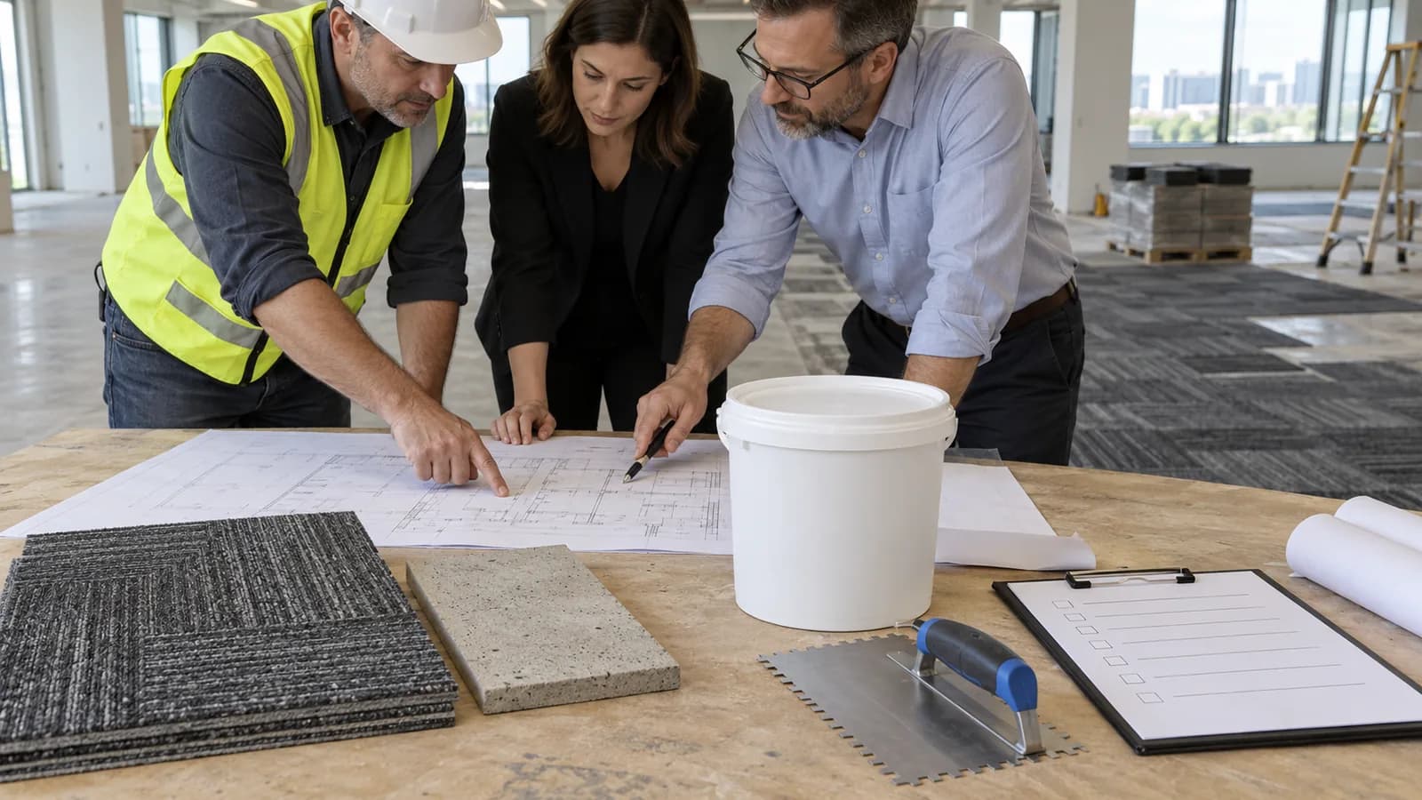 Commercial flooring team reviewing tile, substrate and fixing materials on a project table
