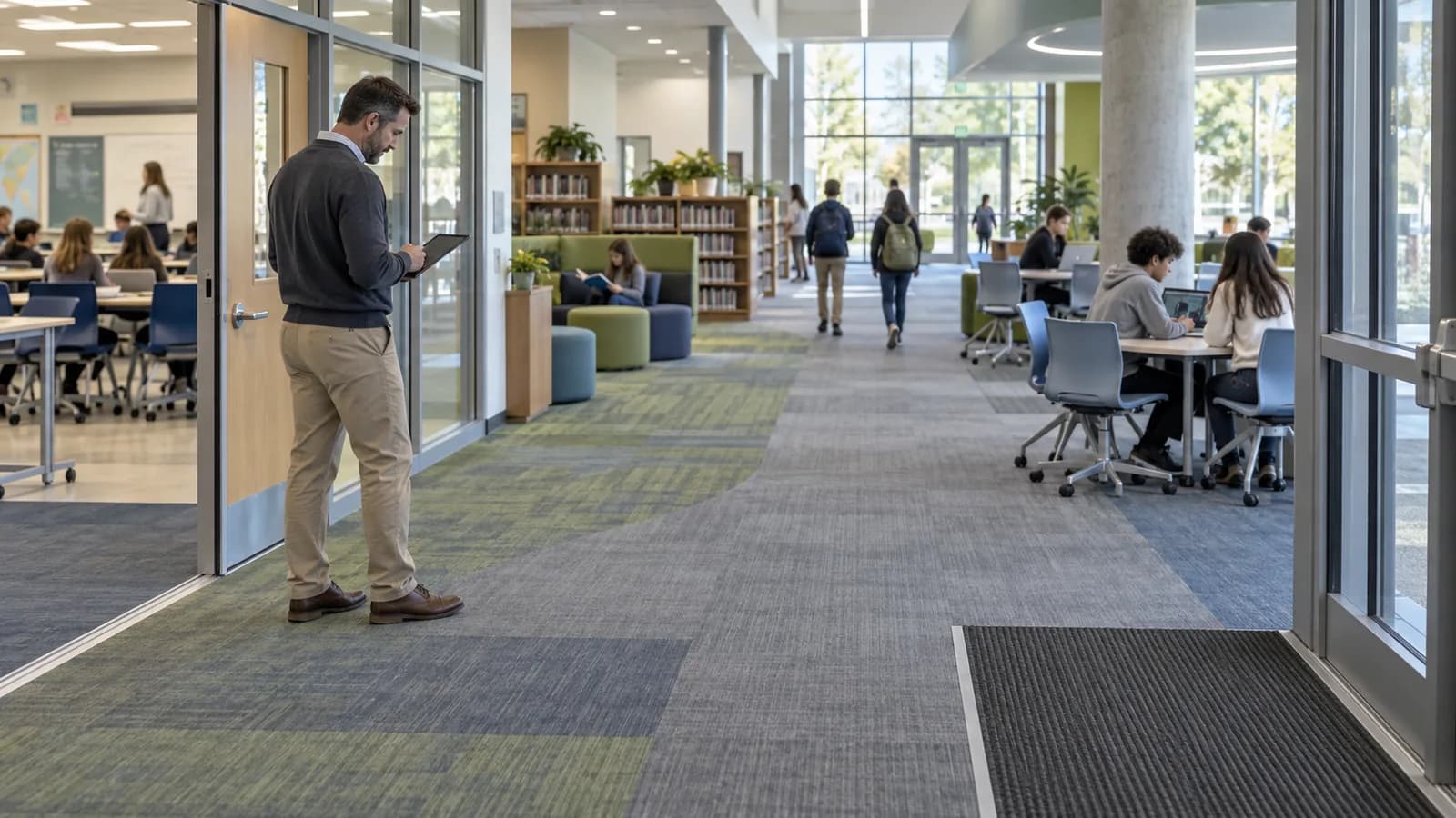 Facilities planner reviewing carpet zones across classroom, library and entrance routes