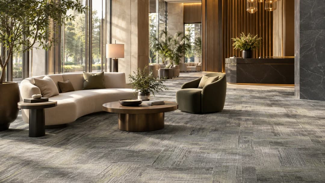 Contemporary hotel lobby with coordinated modular carpet zones