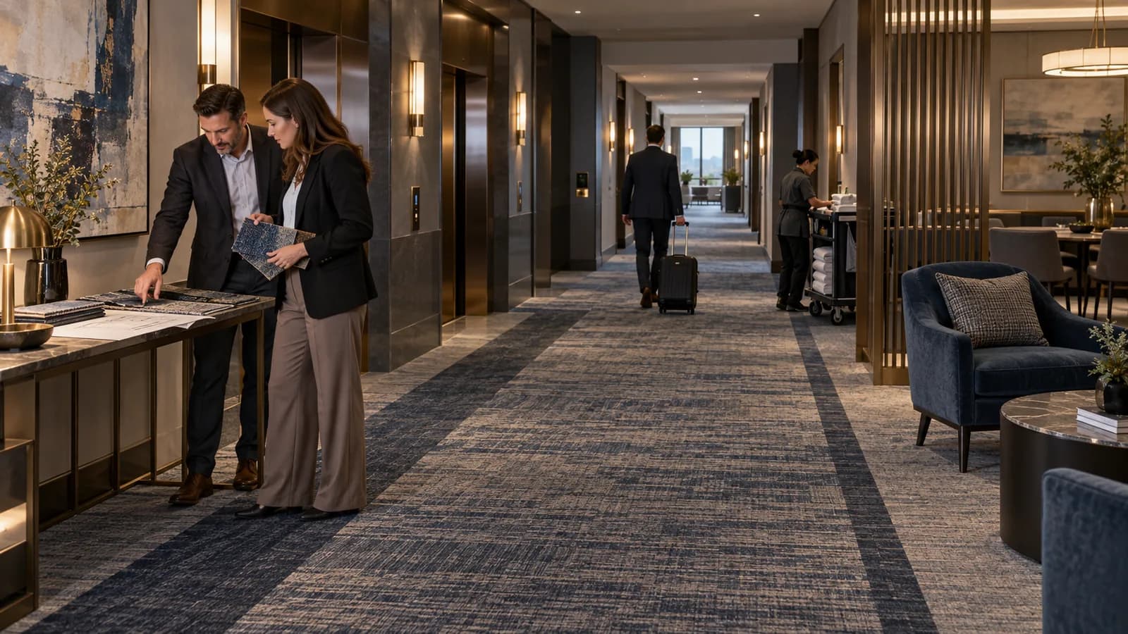 Hotel lift lobby review with luggage route, housekeeping cart and sample plan