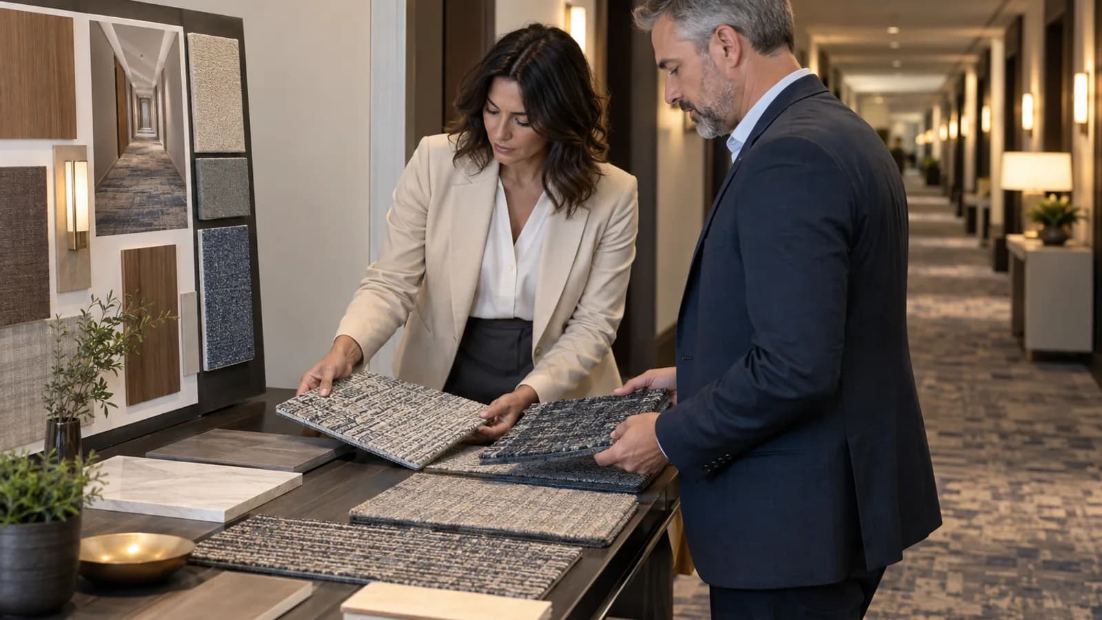 Hotel designer and buyer comparing full carpet tile samples beside a corridor