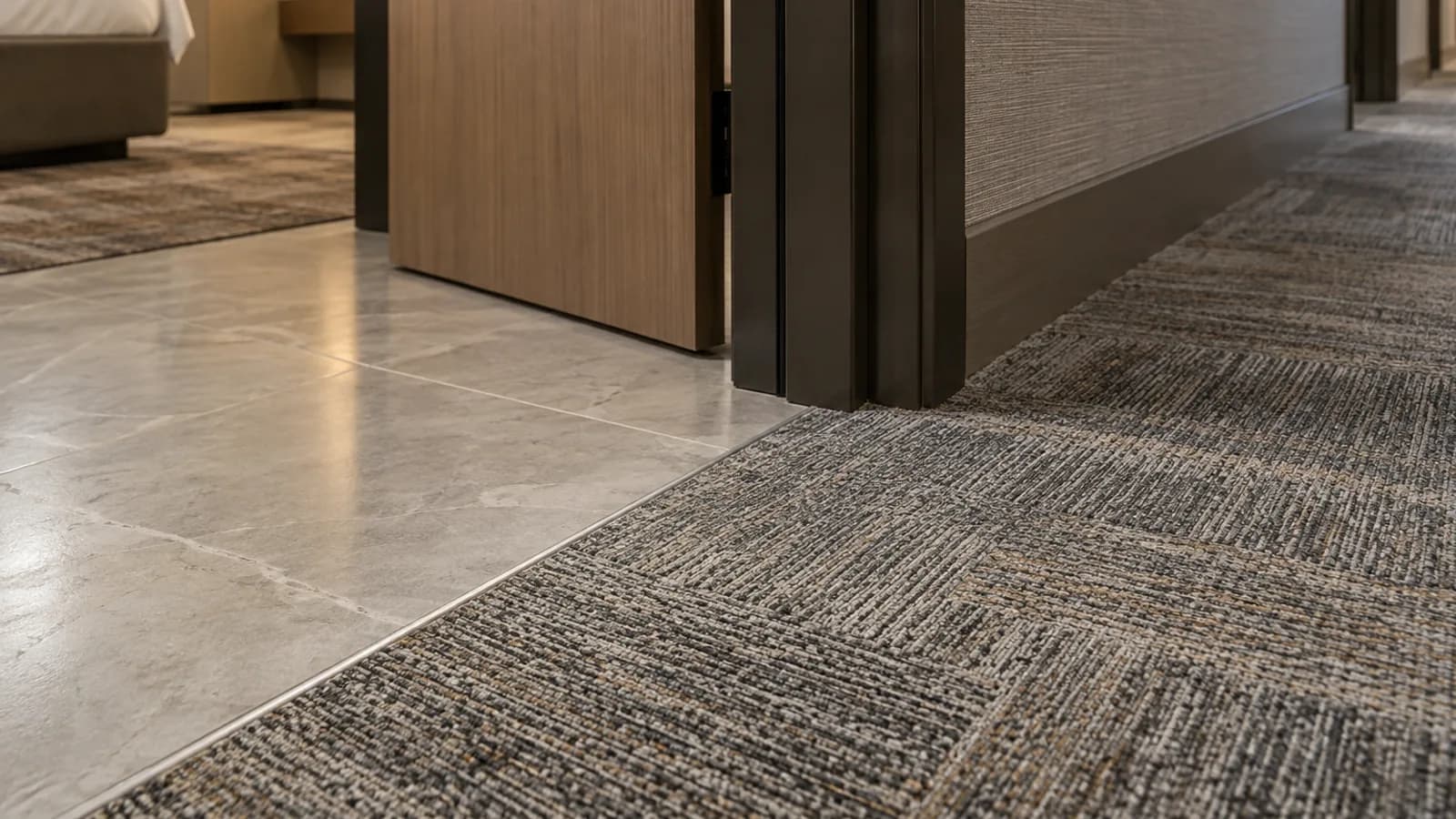 Hotel corridor doorway showing carpet tile to hard-floor transition