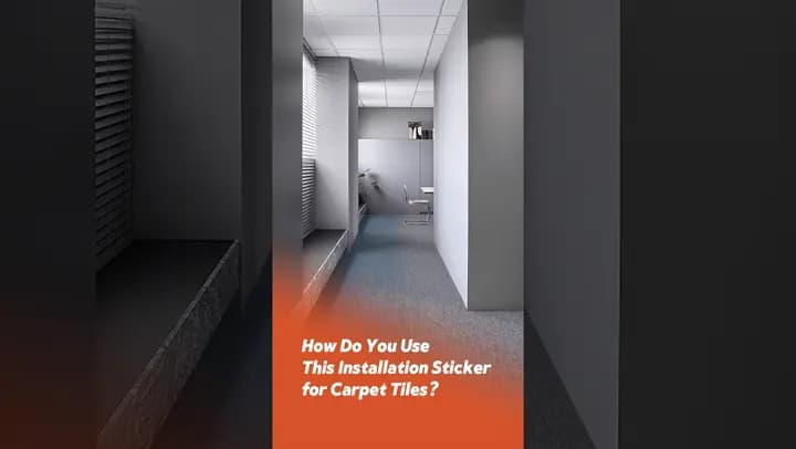 UNIJOY Short showing an installed carpet tile office corridor while introducing installation stickers